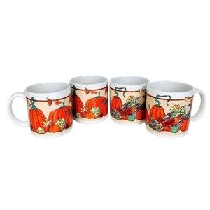 VTG 80s Halloween Fall Thanksgiving Pumpkins Cornucopia Squash Four Coffee Mugs